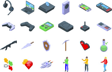 Virtual reality gaming arcade icons set isometric vector. Gamer geek phone. Device metaverse controller © ylivdesign
