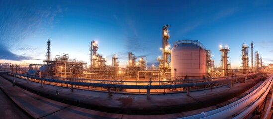 Naklejka premium Industrial oil and gas plant. Refinery plant. Equipment steel pipes. industrial pipeline and factory