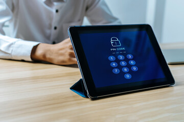 Passcode. digital mobile tablet display with pin code number on lock screen with business people...