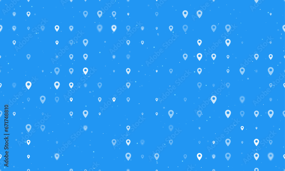 Poster seamless background pattern of evenly spaced white location symbols of different sizes and opacity. 