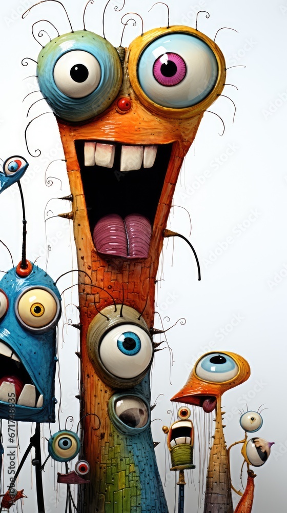 Poster a group of cartoon characters standing next to each other in front of a tall wooden structure with e