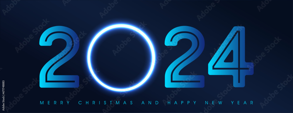 Aufkleber merry christmas and happy new year 2024 neon glowing light. vector design background