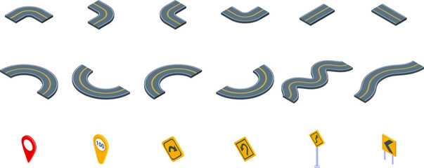 Winding road icons set isometric vector. Vehicle road driving. Car curve distance