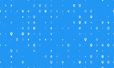 Seamless background pattern of evenly spaced white location symbols of different sizes and opacity. Vector illustration on blue background with stars