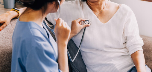 Doctor use stethoscope, checking up heart beat, lunch of auscultation in doctor office at hospital....