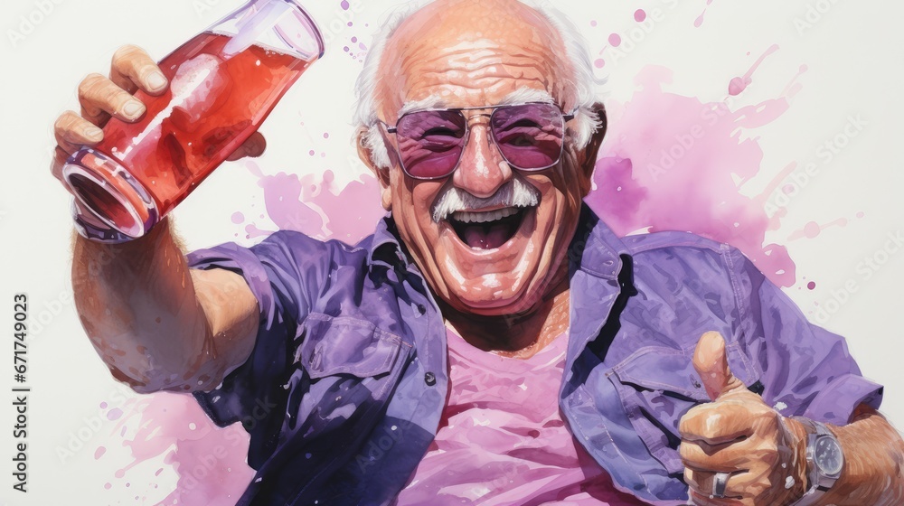 Wall mural  a painting of an older man holding a beer in one hand and giving a thumbs up with the other hand.  generative ai