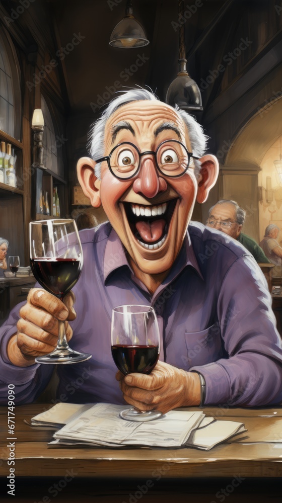 Poster a man sitting at a table with two glasses of wine in front of him and an older man with glasses of w