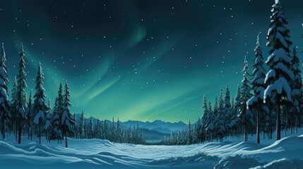  a painting of a snowy landscape with trees in the foreground and the northern lights in the sky in the background.  generative ai