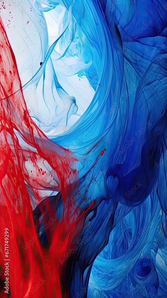 Poster a close up of a cell phone with a red and blue design on the back of the cell phone and a red and bl