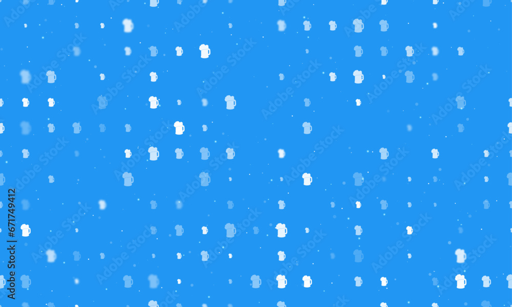 Poster seamless background pattern of evenly spaced white mug beer symbols of different sizes and opacity. 