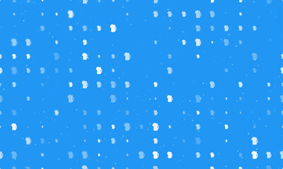 Seamless background pattern of evenly spaced white mug beer symbols of different sizes and opacity. Vector illustration on blue background with stars