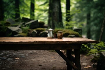 rustic table in forest with blurry background. eye-level view. tech. Generative AI