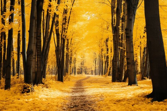 An image of a picturesque autumn forest scene adorned with vibrant yellow leaves. Generative AI