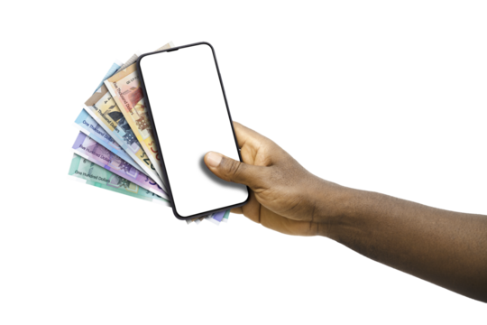 Black hand holding mobile phone with blank screen and Jamaican dollar notes