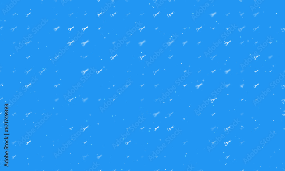 Poster seamless background pattern of evenly spaced white scissors symbols of different sizes and opacity. 