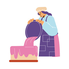 Confectioner woman making a cake, cartoon vector illustration on white