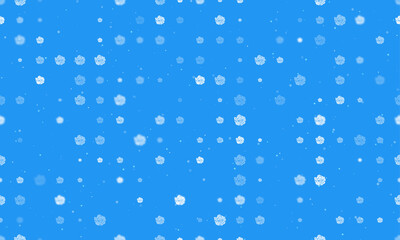Seamless background pattern of evenly spaced white roses of different sizes and opacity. Vector illustration on blue background with stars