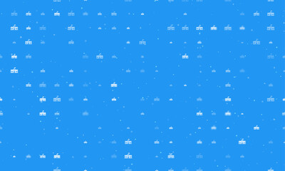 Seamless background pattern of evenly spaced white school building symbols of different sizes and opacity. Vector illustration on blue background with stars