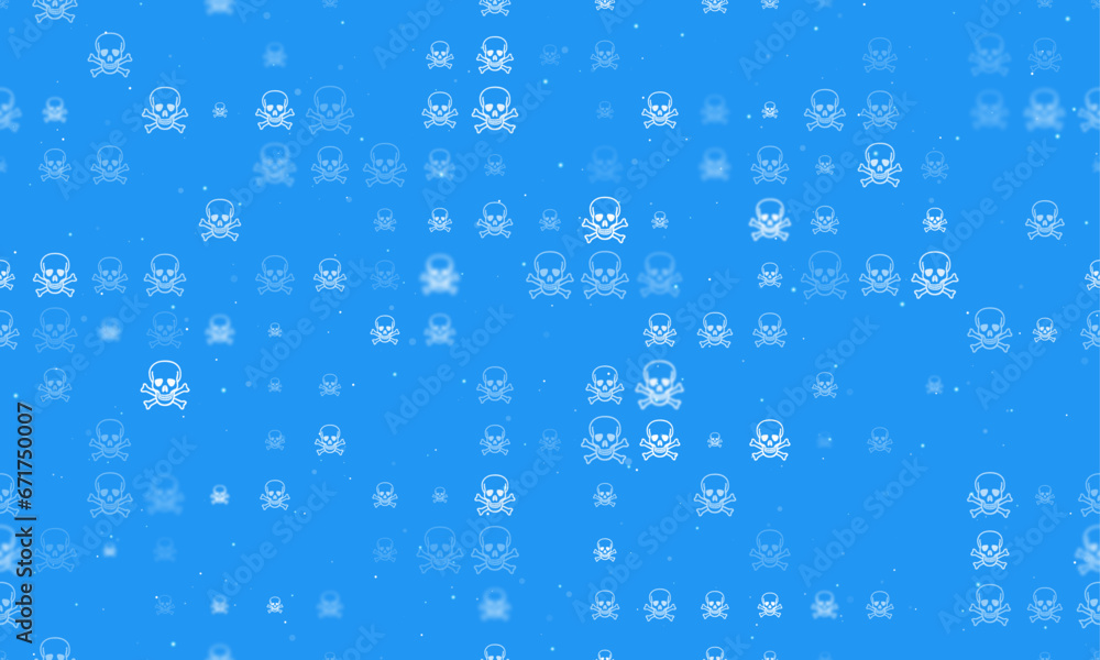 Poster seamless background pattern of evenly spaced white skulls of different sizes and opacity. vector ill