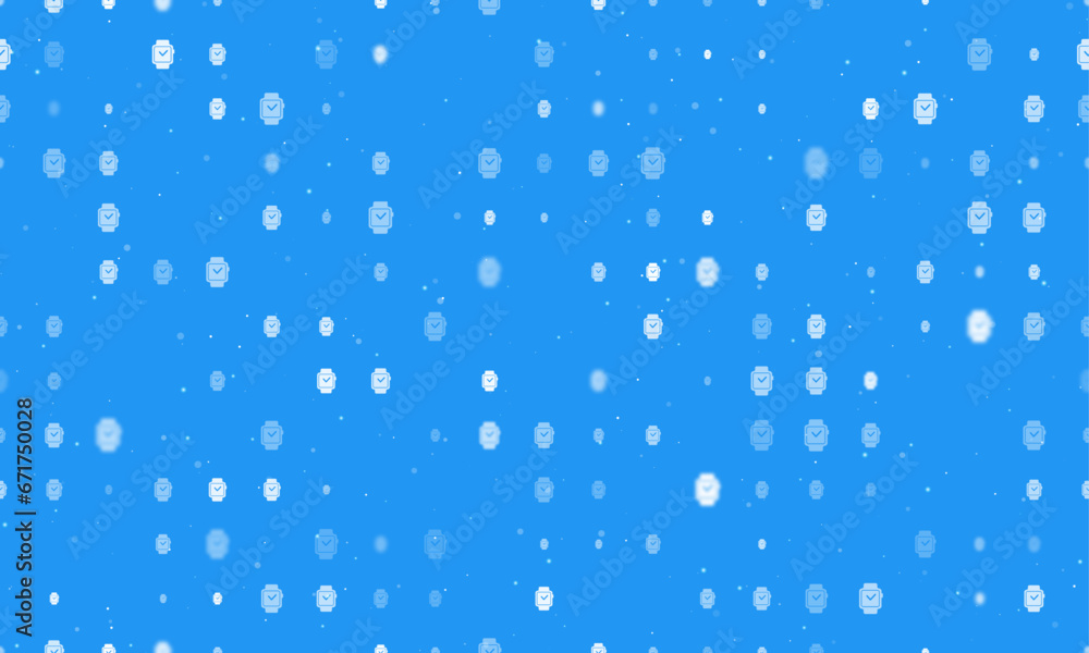 Poster seamless background pattern of evenly spaced white smart watch symbols of different sizes and opacit