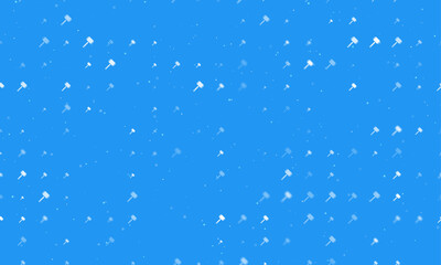 Seamless background pattern of evenly spaced white sledgehammer symbols of different sizes and opacity. Vector illustration on blue background with stars