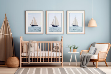 Classic boys nautical nursery with crib and vertical medium sized poster above crib - obrazy, fototapety, plakaty