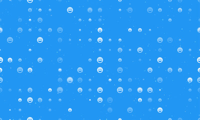 Seamless background pattern of evenly spaced white laughter Emoticons of different sizes and opacity. Vector illustration on blue background with stars