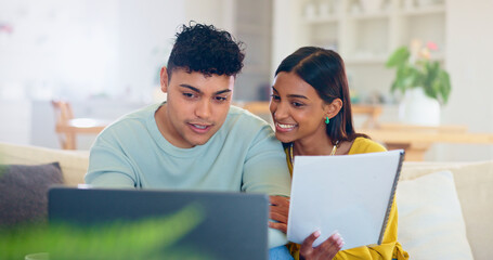 Investment, research and couple in home with laptop and paperwork for loan, mortgage or real...