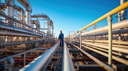 Naklejka premium Engineer working at oil and gas plant. Refinery plant. Equipment steel pipes. Industry and factory