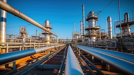 Steel Pipeline of Oil and gas plant with pipe rack. Refinery plant. industrial and factory