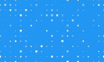 Seamless background pattern of evenly spaced white tooth symbols of different sizes and opacity. Vector illustration on blue background with stars