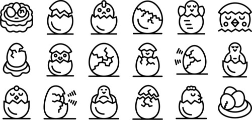 Chicken hatching icons set outline vector. Egg chicken nest. Baby bird farm