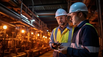 Group of Engineer working at oil and gas plant. Refinery plant. Equipment steel pipes. Industry and factory