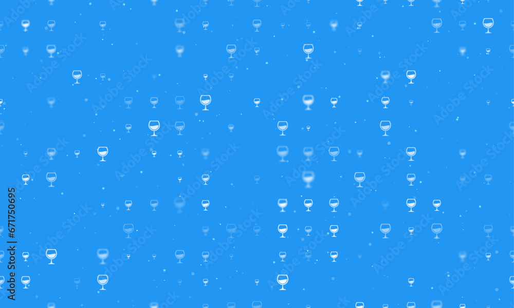 Poster seamless background pattern of evenly spaced white wineglass symbols of different sizes and opacity.