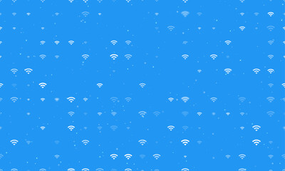 Seamless background pattern of evenly spaced white wifi symbols of different sizes and opacity. Vector illustration on blue background with stars