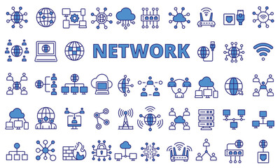 Network icon set in line design blue. Net, icon, global, cloud, computer, vector illustrations. Editable stroke icons.