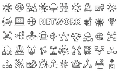 Network icon set in line design. Net, icon, global, cloud, computer, vector illustrations. Editable stroke icons.