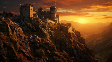 An old castle stands tall atop a hill, its crumbling walls illuminated by the setting sun - obrazy, fototapety, plakaty
