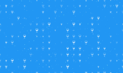 Seamless background pattern of evenly spaced white wineglass symbols of different sizes and opacity. Vector illustration on blue background with stars