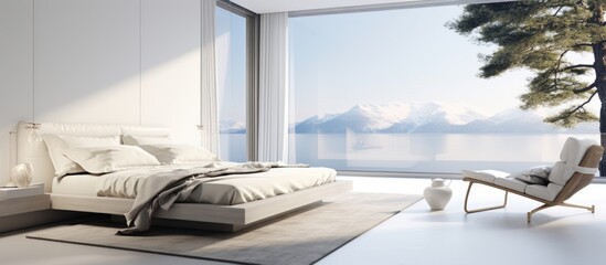 Fototapeta na wymiar Luxurious villa with contemporary white themed bedroom and large window