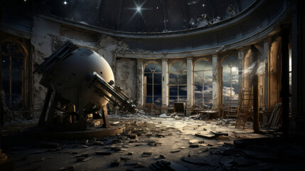 An old, abandoned observatory with a broken telescope and faded stars on the ceiling