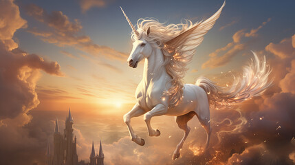 Obraz na płótnie Canvas a fantastic beautiful white unicorn jumps through the sky among the clouds at dawn.