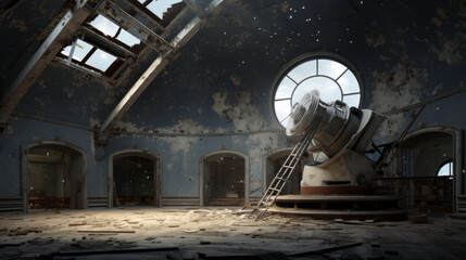 An old, abandoned observatory with a broken telescope and faded stars on the ceiling - obrazy, fototapety, plakaty