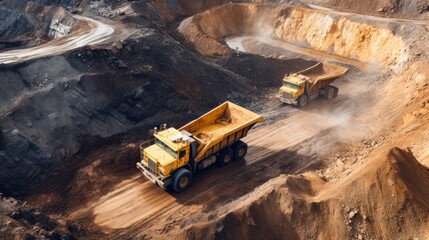 Fototapeta premium Mine industry, excavator and truck for coal quarry, Large quarry dump truck. Big yellow mining truck Open pit at work site.