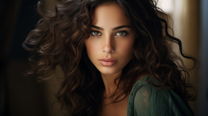 Fototapeta premium beautiful young woman with green or blue eyes and curly dark hair. portrait