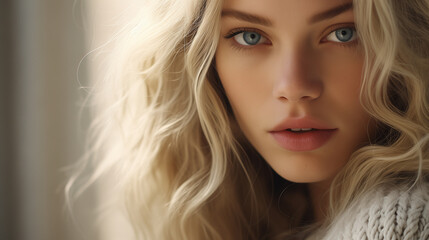 Naklejka premium beautiful young woman face closeup. light blond. light grey eyes