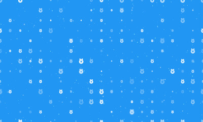 Seamless background pattern of evenly spaced white christmas wreath symbols of different sizes and opacity. Vector illustration on blue background with stars