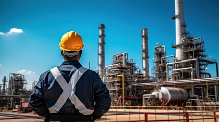 Engineer working at oil and gas plant. Refinery plant. Equipment steel pipes. Industry and factory