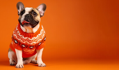 A small and charming dog wearing a Christmas sweater set against an orange backdrop