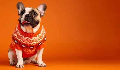 Foto op Plexiglas A small and charming dog wearing a Christmas sweater set against an orange backdrop © Alina